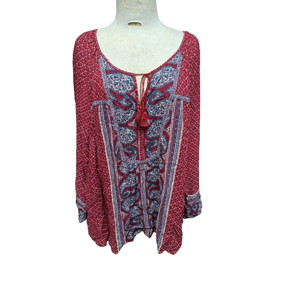 Lucky Brand Tunic Top Women 3X Red Paisley Floral Blouse Peasant Boho Cottagecor
